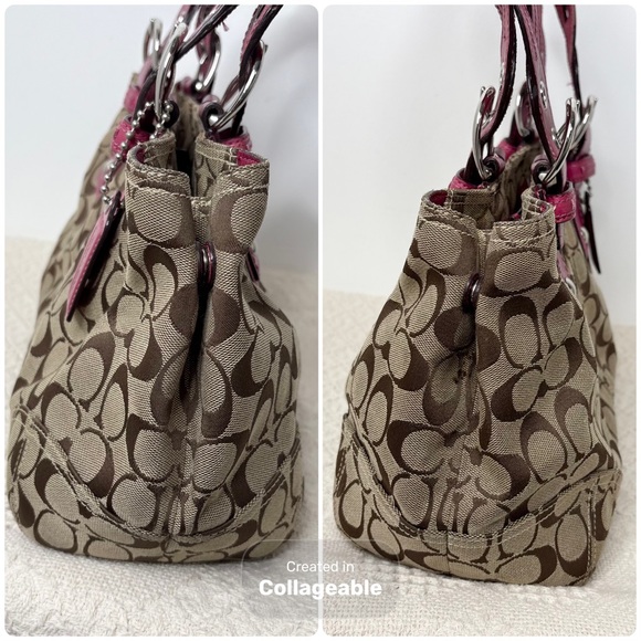 Y2K Coach Soho Signature Zip Satchel 11863 Khaki Berry Pink Shoulder Tote Bag - Picture 4 of 11